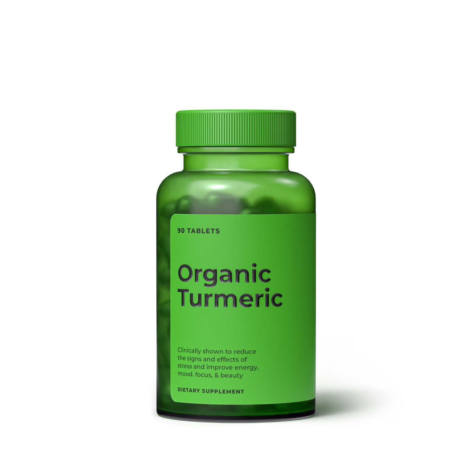 Front-facing hero shot of an Organic Turmeric supplement bottle on a clean white background