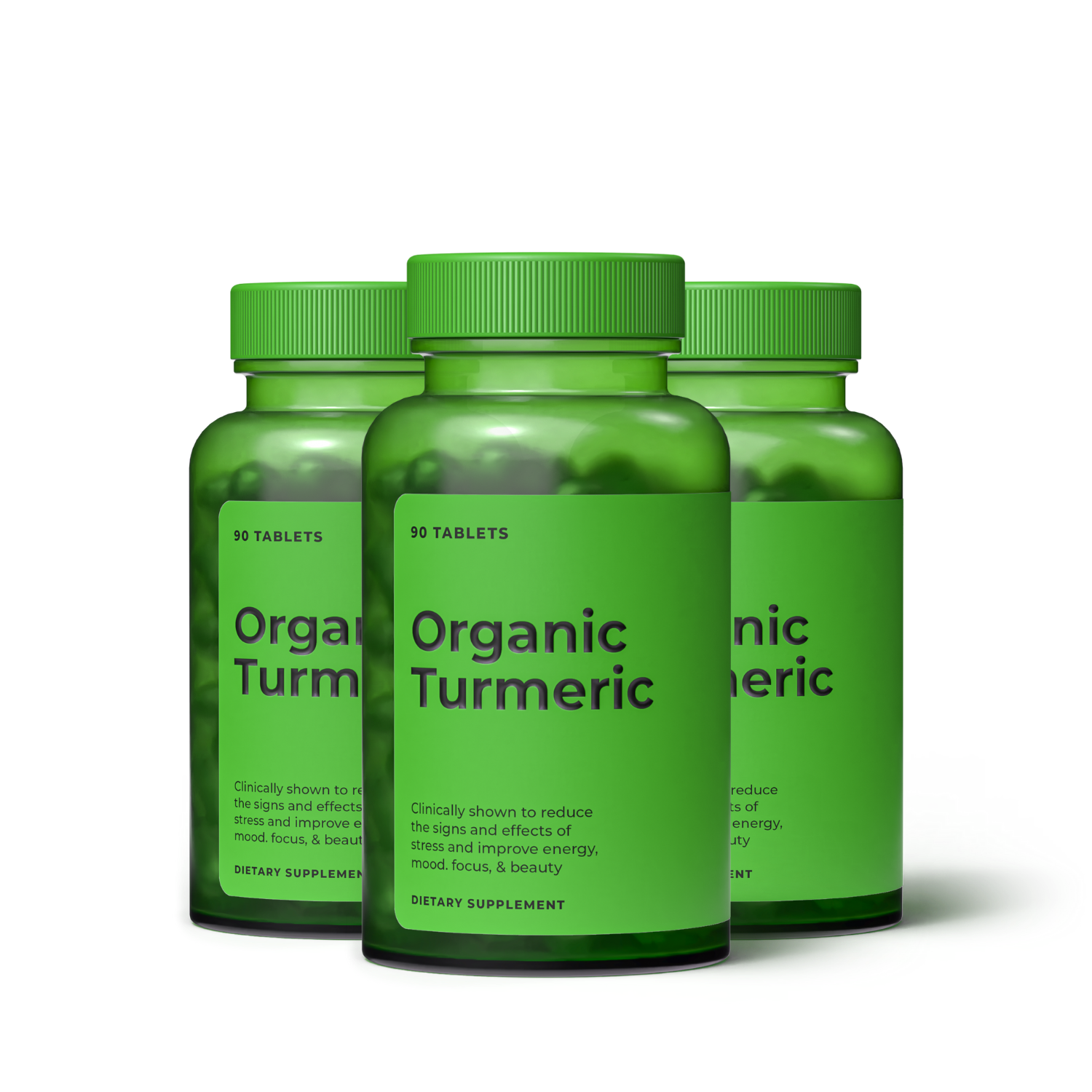 Three Organic Turmeric supplement bottles clustered together as a 3-pack upsell tile