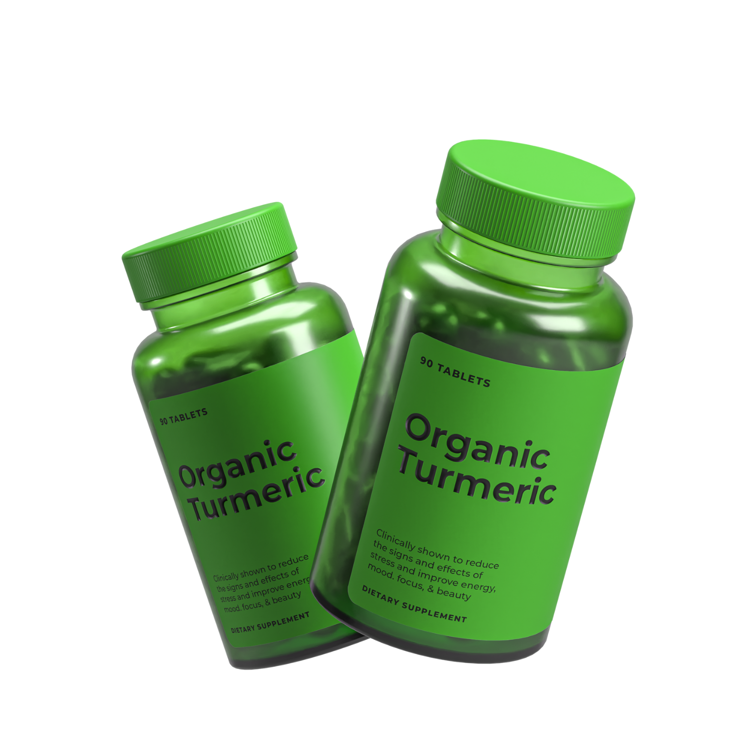 Two Organic Turmeric bottles tilted and floating mid-air, dynamic shadows underneath